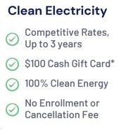 Promotional offer for clean electricity with competitive rates, gift card, and no fees.